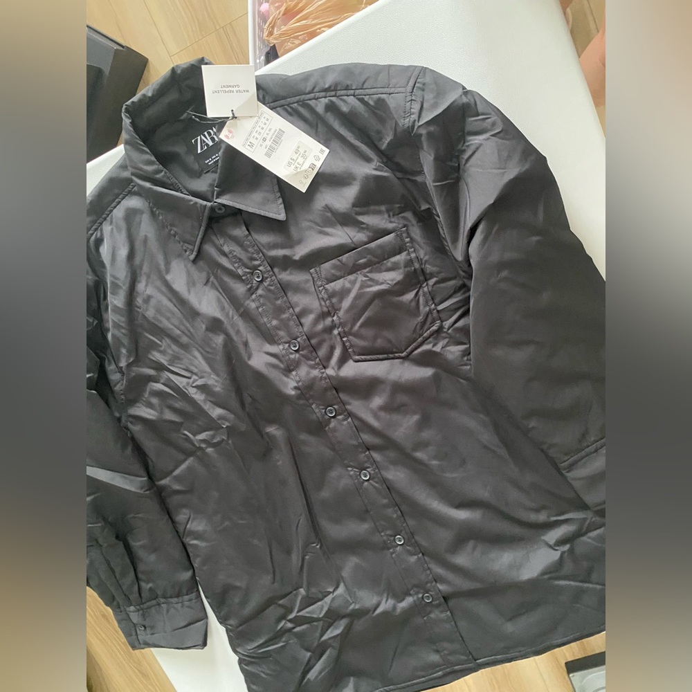Zara Black Water Repellent Quilted Overshirt shirt Jacket button closure NWT - Picture 15 of 16